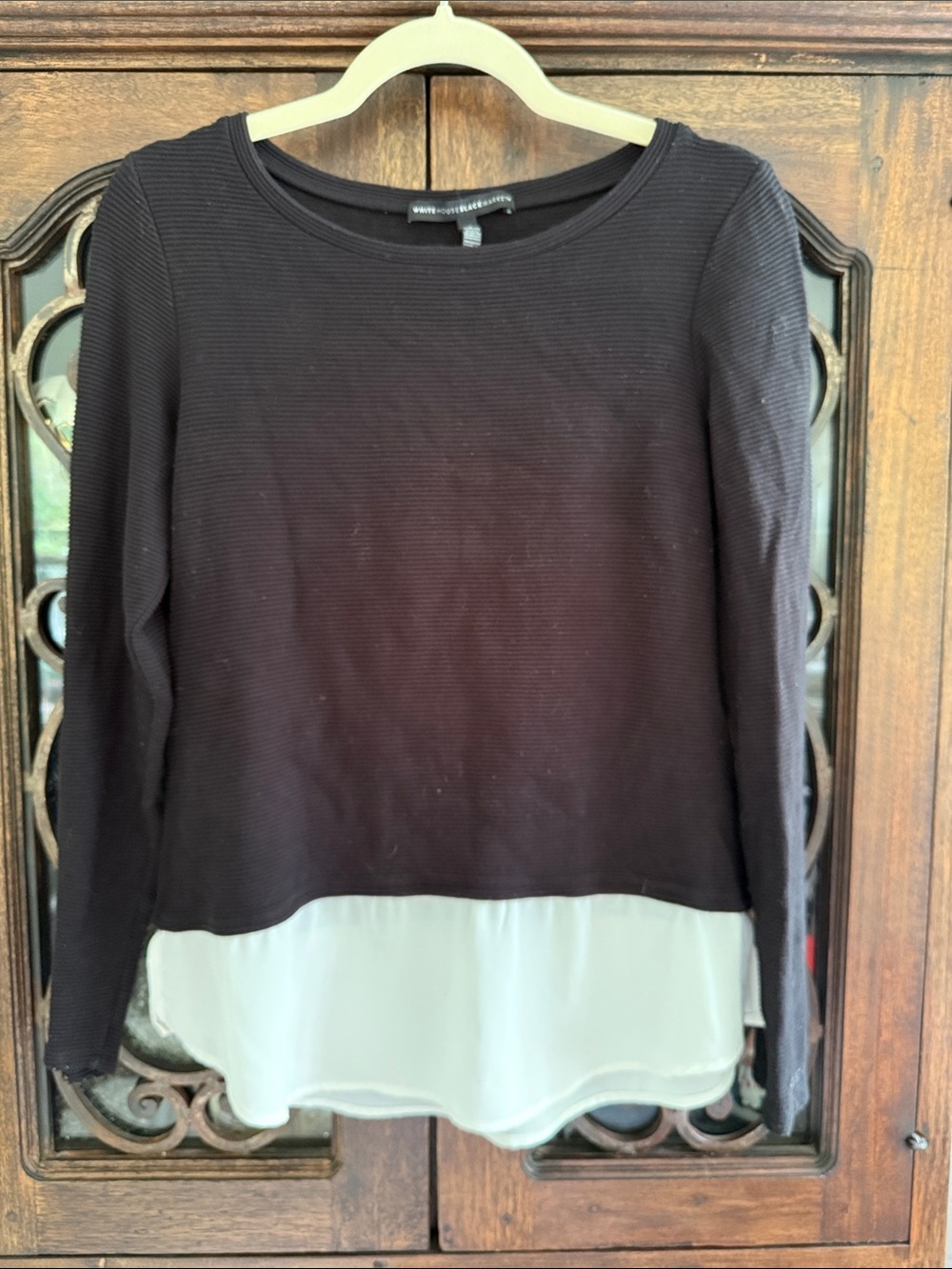 White House Black Market Layered Black Knit Top with White Hem